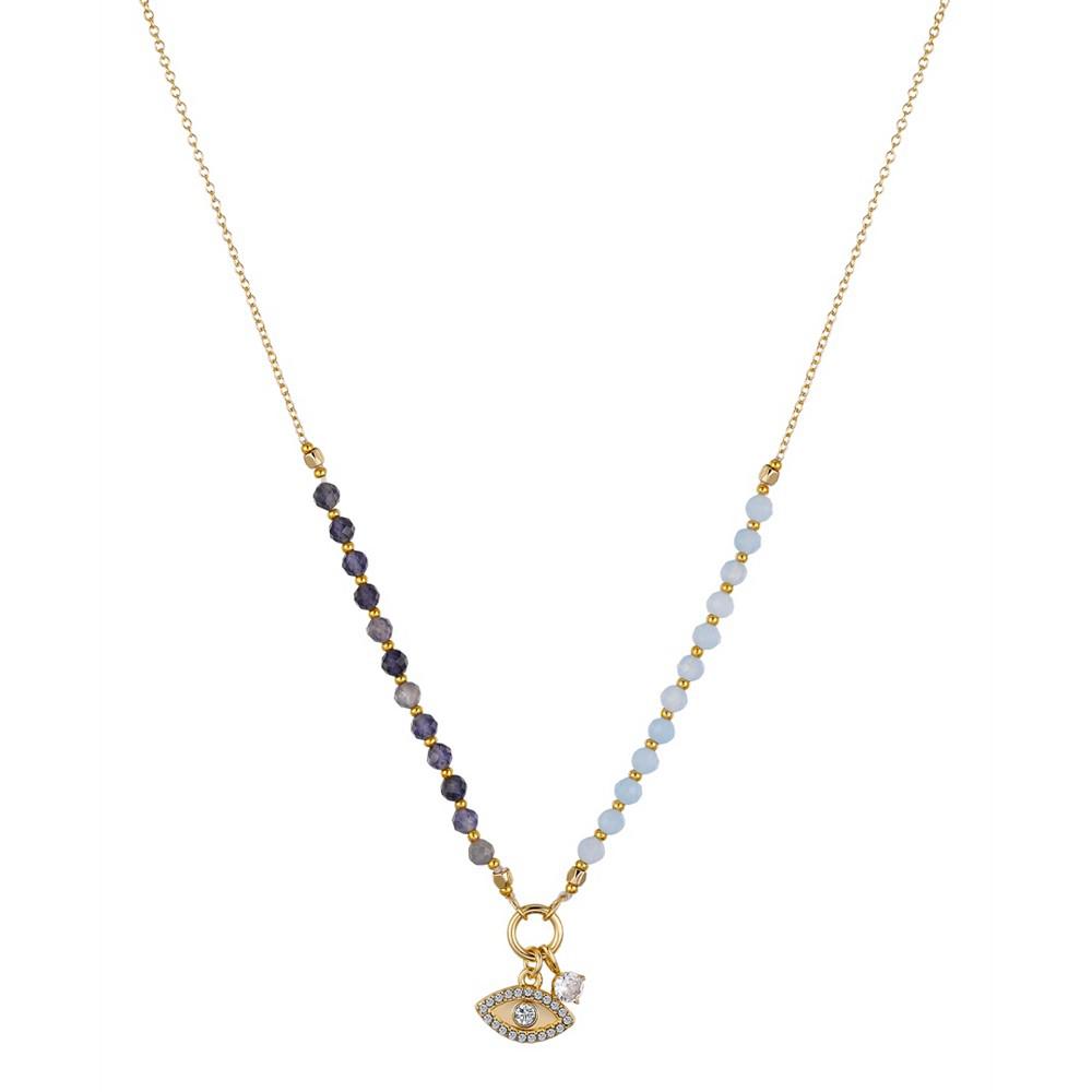 14k Gold Plated Cubic Zirconia and Crystal Evil Eye on a Lolite and Aquamarine Beaded Chain Necklace商品第1张图片规格展示