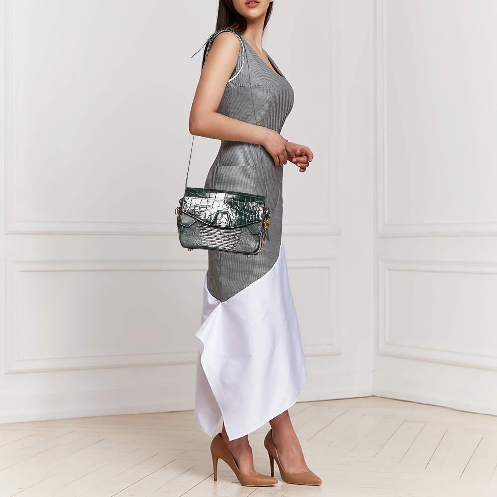 Alexander Wang Green Croc Embossed And Iguana Leather Marion Prisma  Shoulder Bag商品第2张图片规格展示