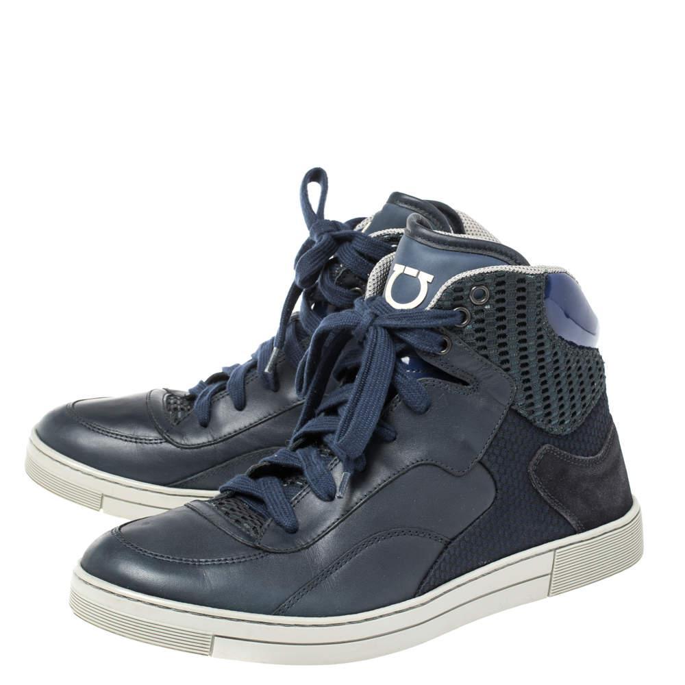 商品[二手商品] Salvatore Ferragamo|Salvatore Ferragamo Blue Leather and Mesh High Top Sneakers Size 41,价格¥1881,第6张图片详细描述