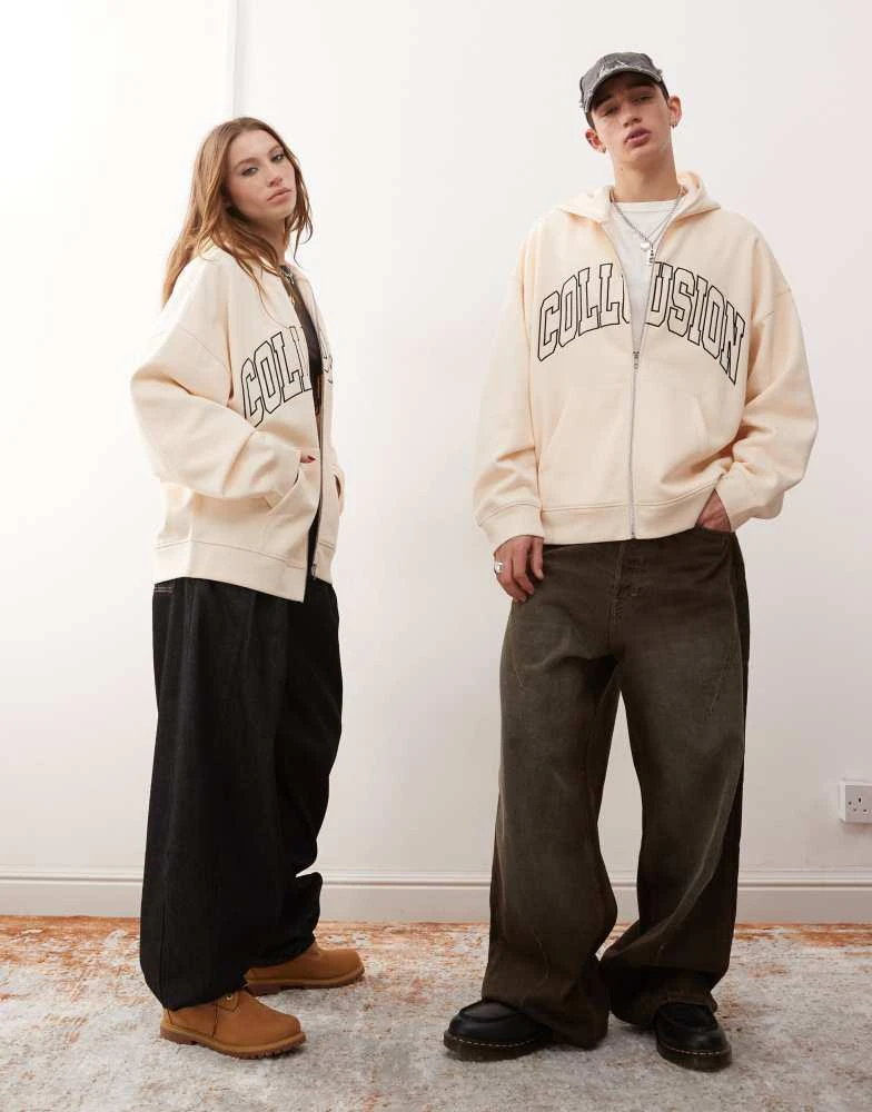 商品COLLUSION|COLLUSION Unisex varsity embroidered zip through hoodie in ecru,价格¥262,第4张图片详细描述