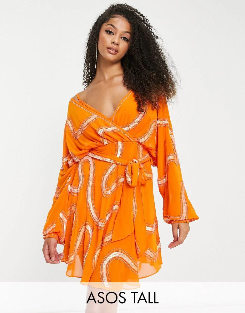 商品ASOS|ASOS DESIGN Tall rouleaux loop tie waist mini dress with swirl embellishment in orange,价格¥579,第1张图片
