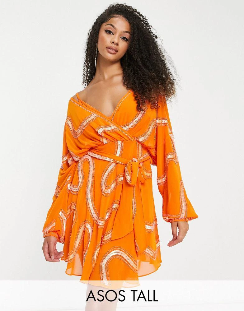 商品ASOS|ASOS DESIGN Tall rouleaux loop tie waist mini dress with swirl embellishment in orange,价格¥291,第1张图片