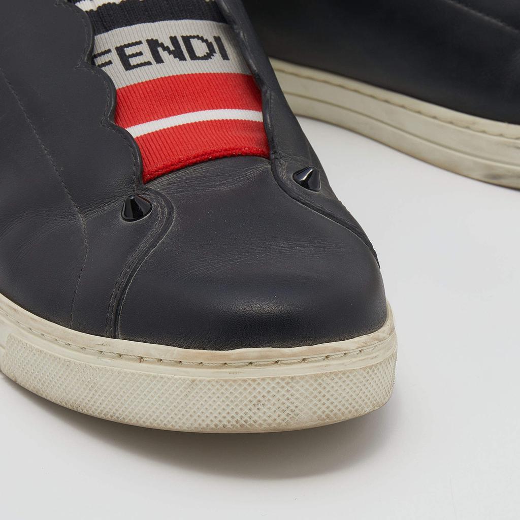 Fendi Black Leather And Logo Knit Fabric Scallop Detail Slip On Sneakers Size 40商品第7张图片规格展示