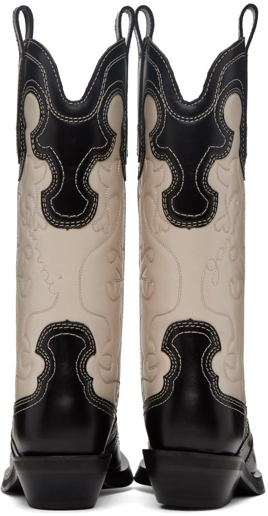 Black & Off-White Embroidered Western Mid-Calf Boots商品第2张图片规格展示