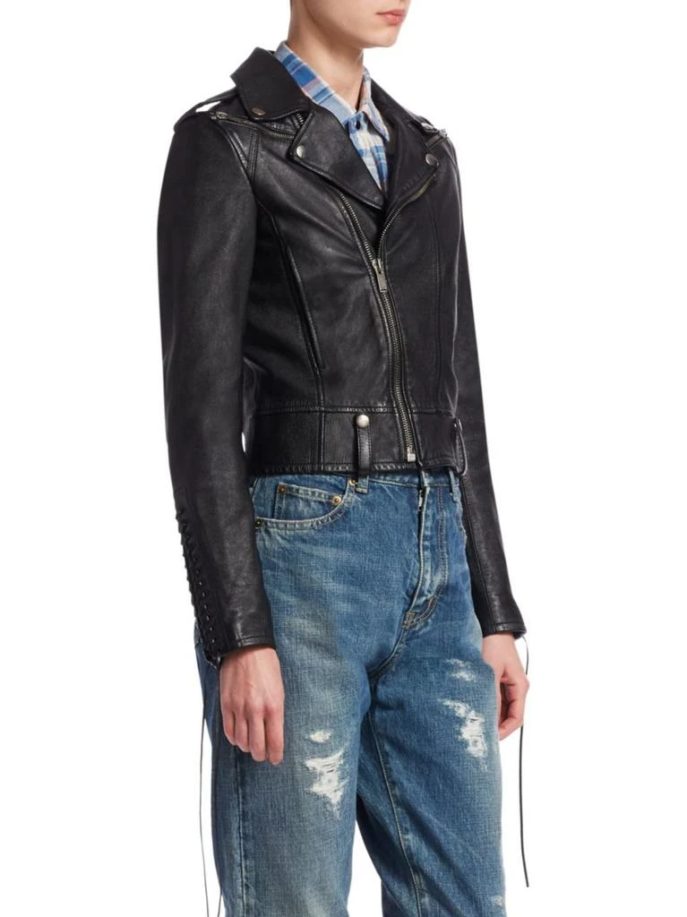 商品Yves Saint Laurent|Leather Lace-Sleeve Moto Jacket,价格¥8941,第3张图片详细描述