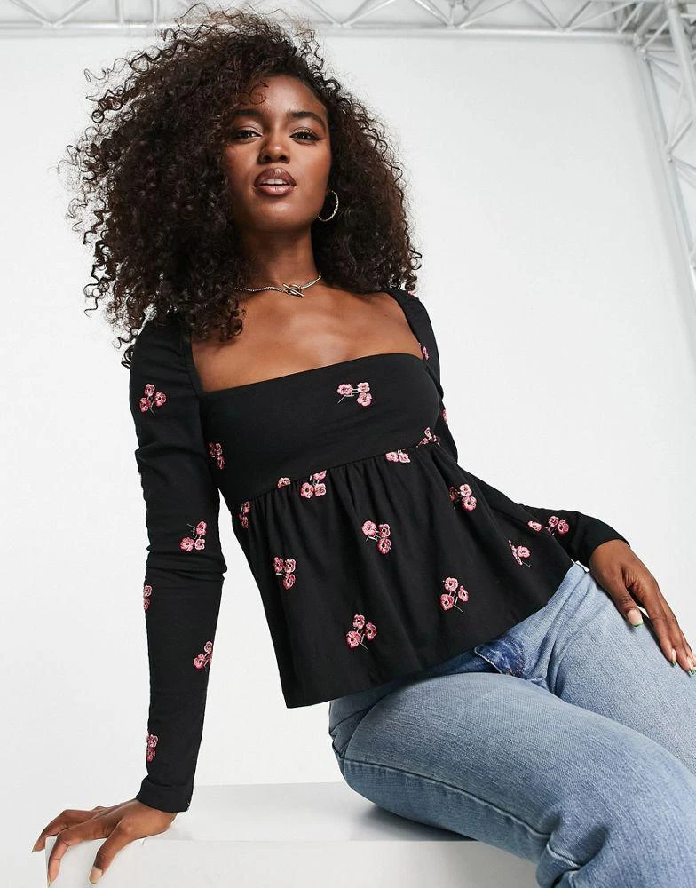 商品ASOS|ASOS DESIGN square neck top with red floral embroidery in black,价格¥268,第1张图片
