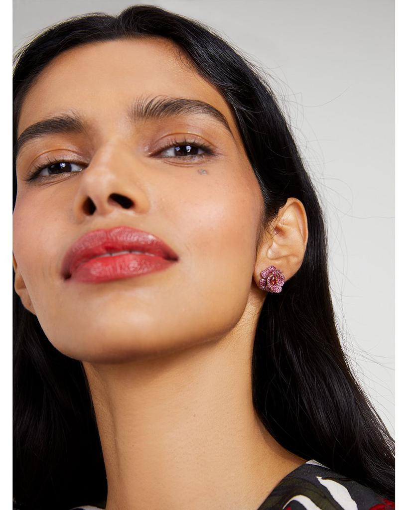 Rosy Pink Pavé Flower Stud Earrings in Gold Tone商品第2张图片规格展示