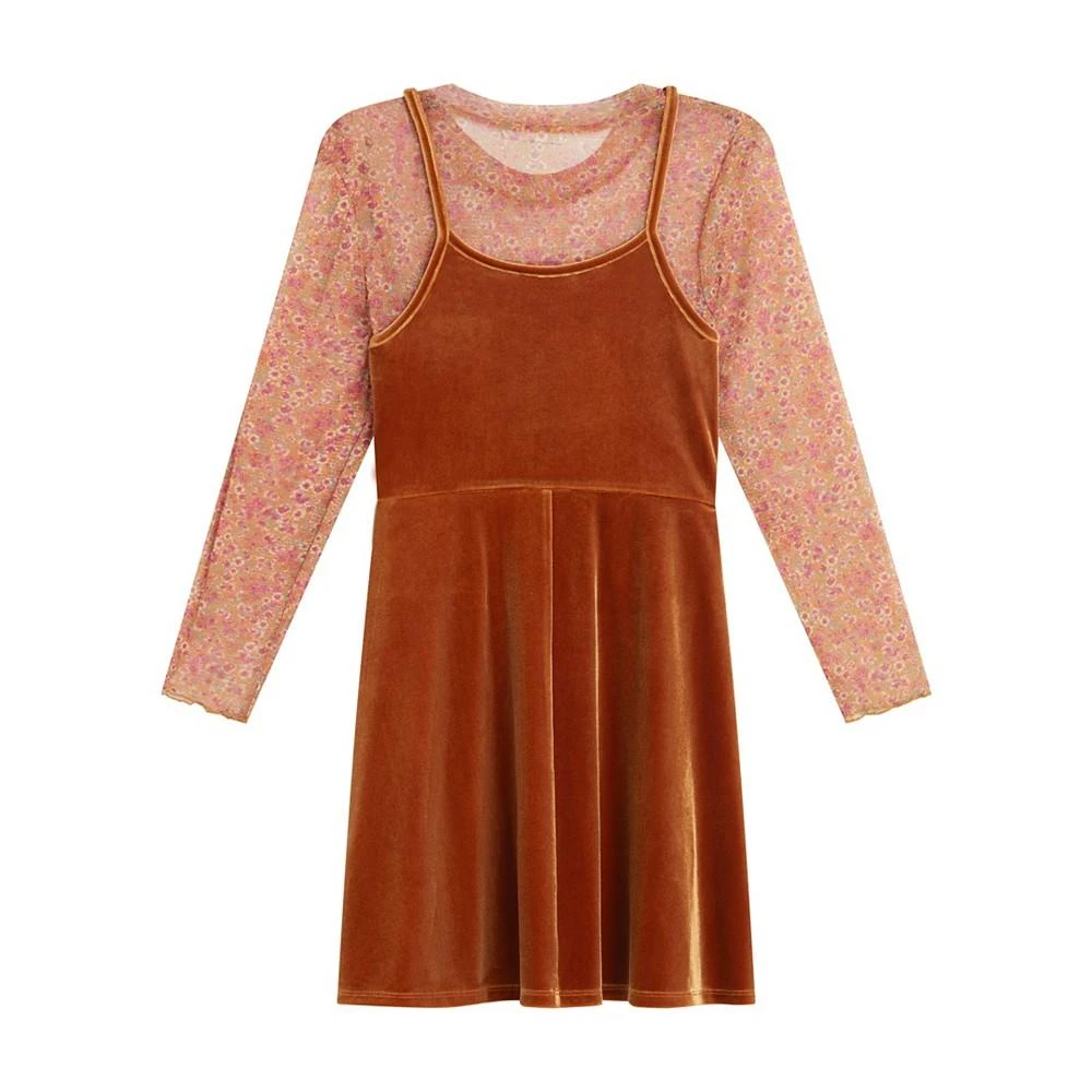 商品Beautees|Big Girls Velvet Slip Dress with Floral Printed Mesh Top, 2-Piece Set,价格¥94,第2张图片详细描述