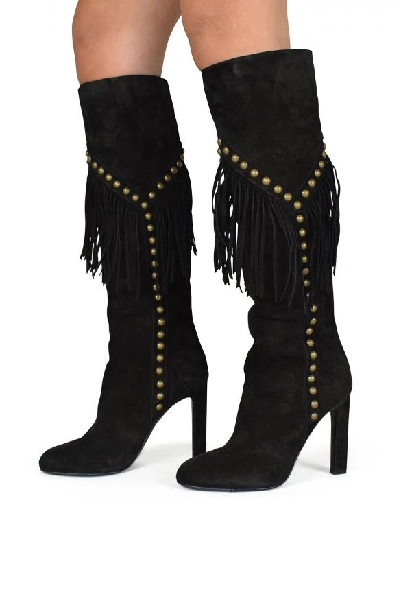 商品Yves Saint Laurent|Luxury shoes for women saint laurent grace black suede boots with fringe and studs,价格¥7109,第2张图片详细描述