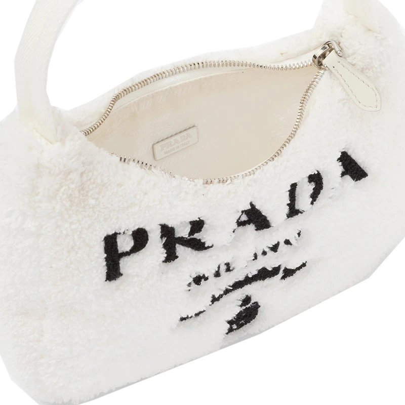 【预售3-7天��】PRADA/普拉达 Re-Edition 2000系列 女士迷你白色/黑色织物徽标印花饰徽标吊饰单肩斜挎毛圈包hoob流浪包1NE515_2DXO_F0964 商品