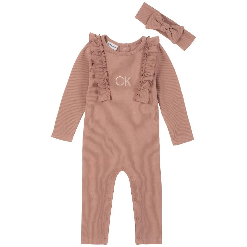 商品Calvin Klein|Baby Girls Textured Ruffle-Trim Coverall and Headband, 2 Piece Set,价格¥259,第1张图片