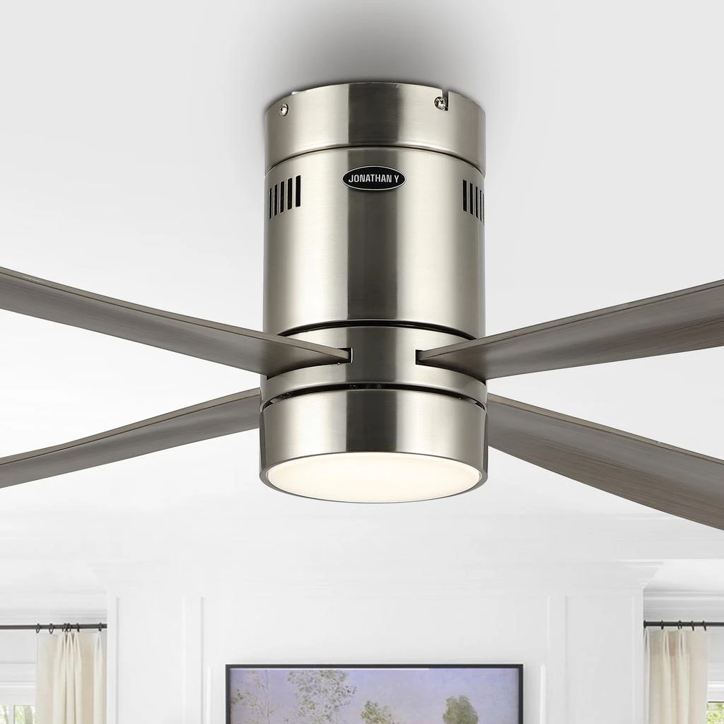 商品JONATHAN Y|Theo 52" 1-Light Contemporary Minimalist Iron/Acrylic Mobile-App/Remote-Controlled 6-Speed Integrated LED Ceiling Fan, Nickel/Gray Wood Finish,价格¥2851,第1张图片