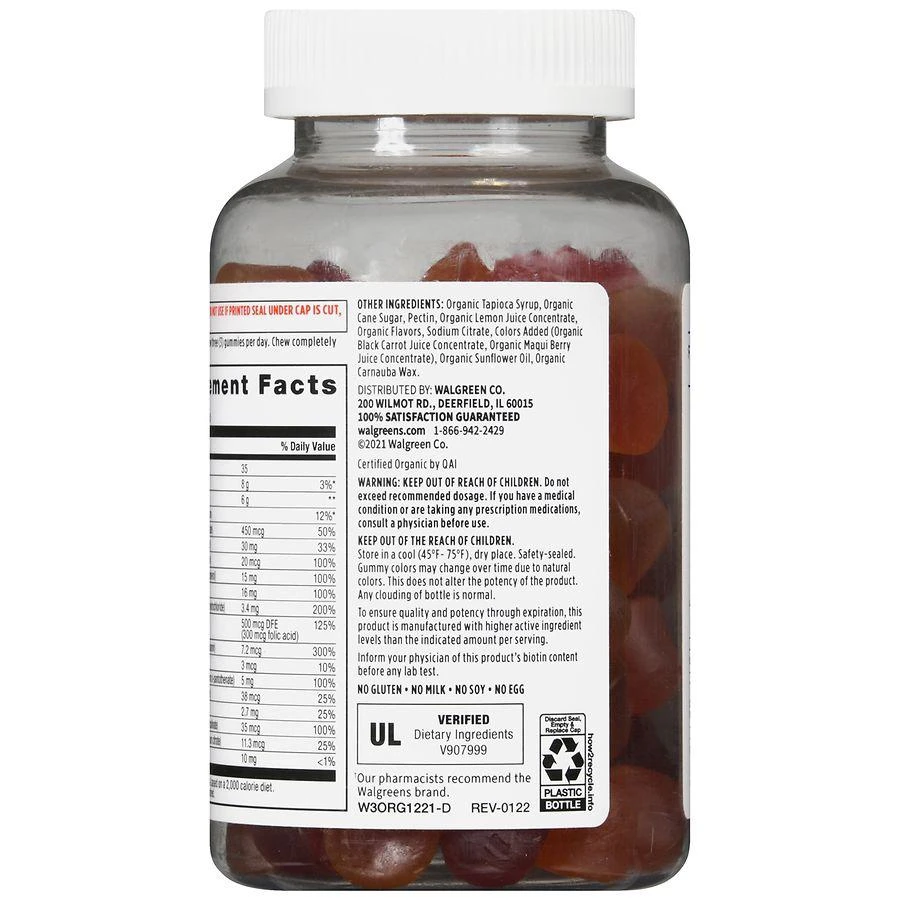 商品Walgreens Free & Pure|Organic Men's Multivitamin Gummies (30 days) Natural Raspberry, Strawberry & Cherry,价格¥112,第5张图片详细描述