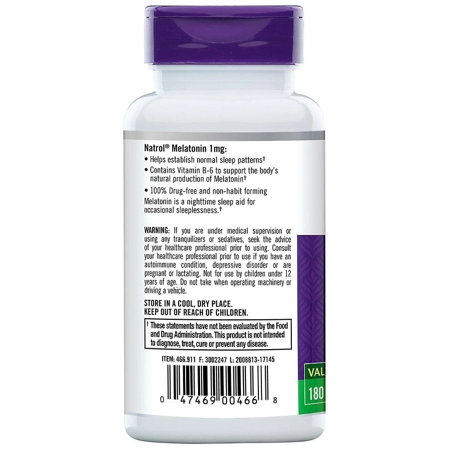 商品Natrol|褪黑素1mg(添加维B6和钙) 180粒,价格¥127,第2张图片详细描述