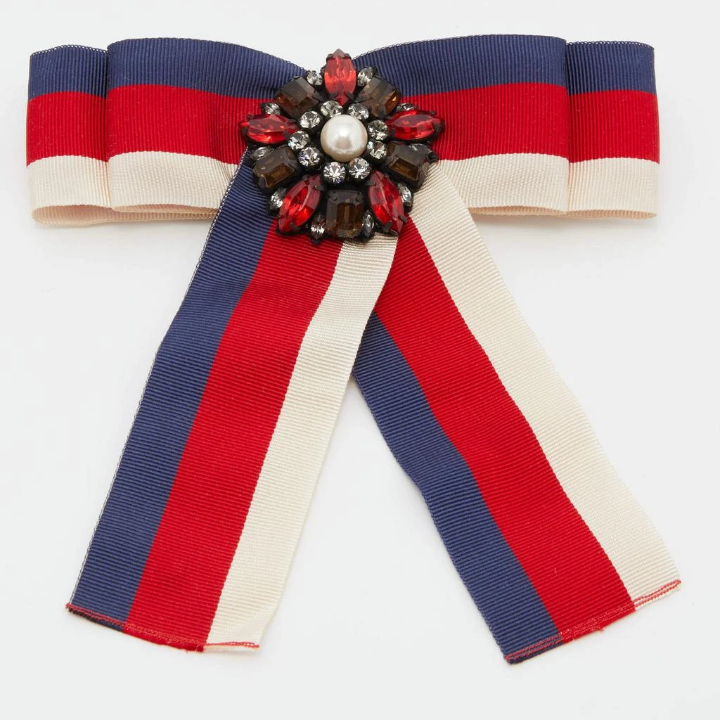 商品[二手商品] Gucci|Gucci White, Blue & Red Web Crystal Grosgrain Bow Brooch,价格¥3133,第1张图片