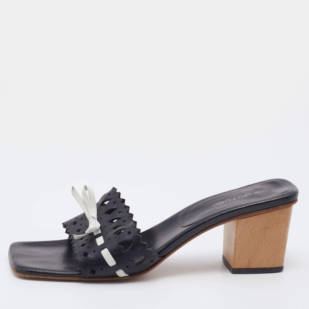 Sergio Rossi Black/White Laser Cut Leather Bow Detail Slide Sandals Size 37.5商品第1张图片规格展示