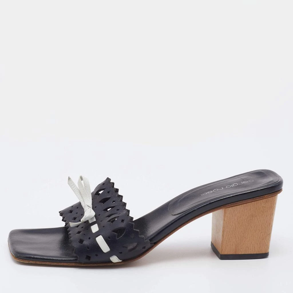 商品[二手商品] Sergio Rossi|Sergio Rossi Black/White Laser Cut Leather Bow Detail Slide Sandals Size 37.5,价格¥885,第1张图片