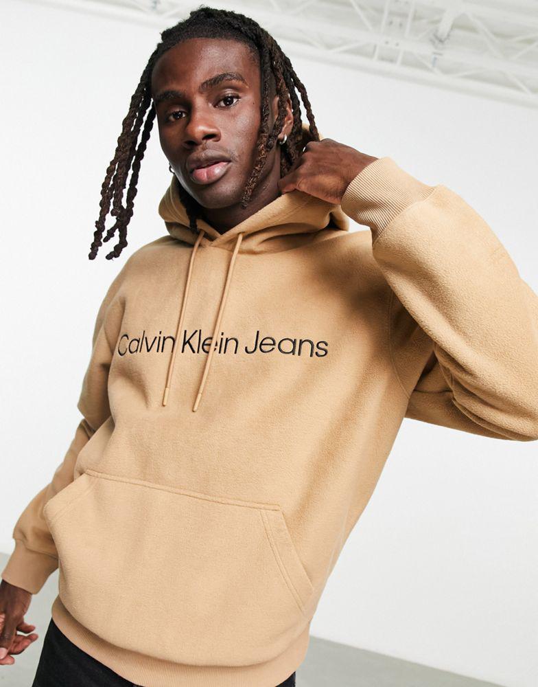 Calvin Klein Jeans chest logo heavy double face polar fleece hoodie in camel商品第1张图片规格展示