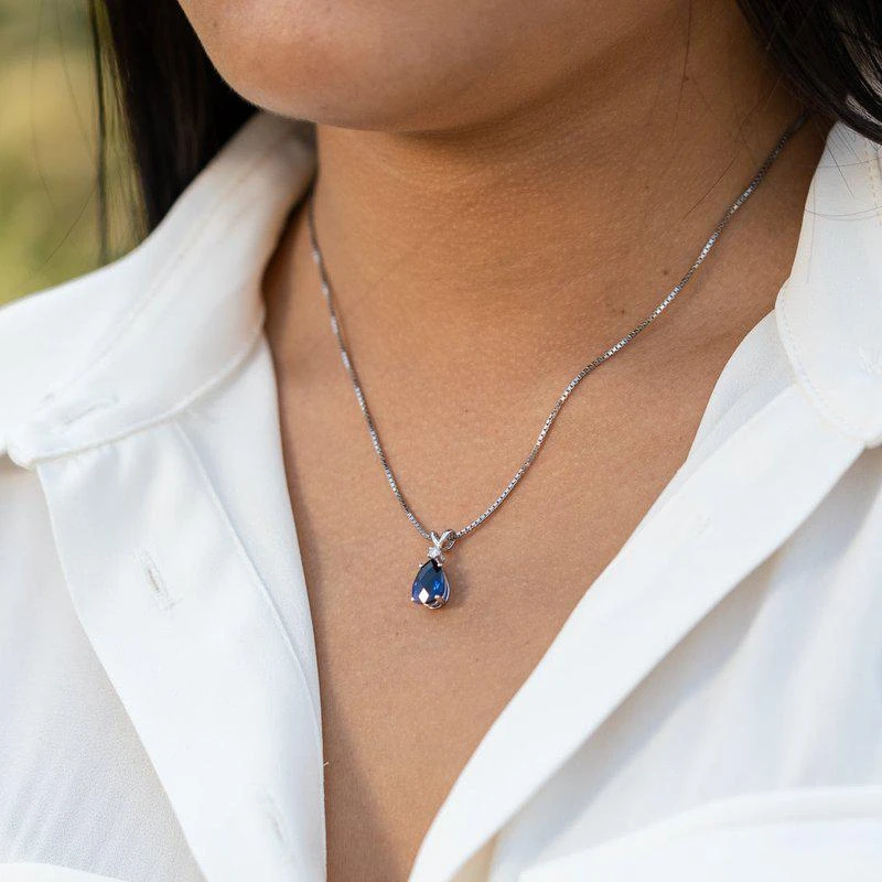 商品Peora|Blue Sapphire Pendant Necklace 14 Karat White Gold Pear 2.43 Cts,价格¥1493,第2张图片详细描述