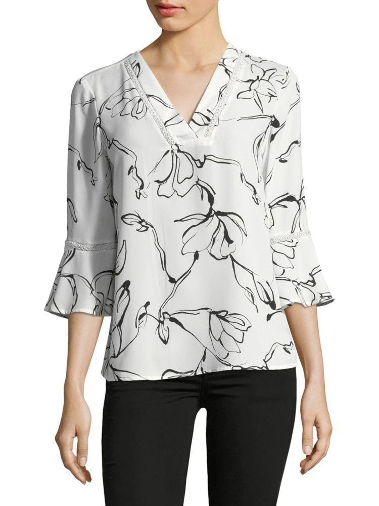 商品Karl Lagerfeld Paris|Printed Beaded V-Neck Bell-Sleeve Top,价格¥362,第1张图片