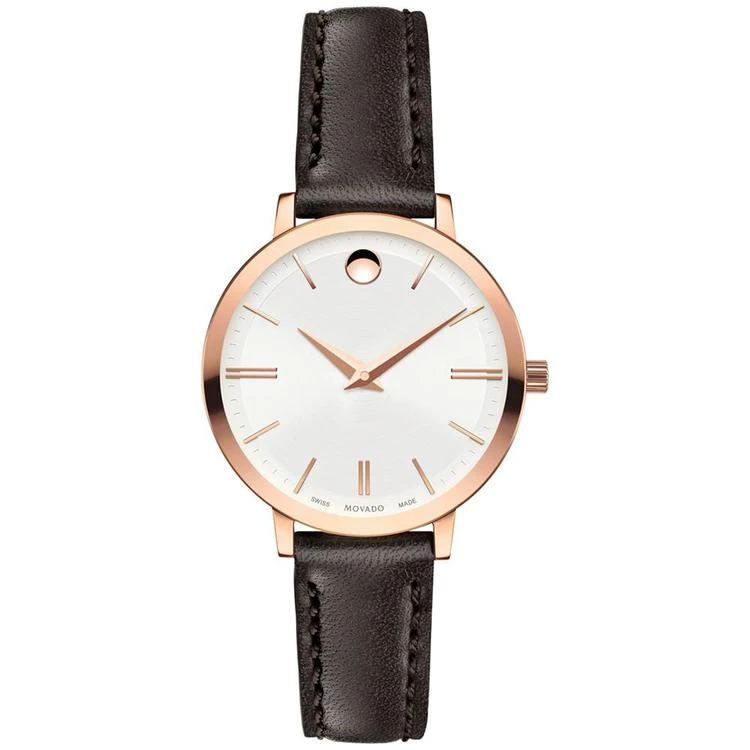 商品Movado|Women's Swiss Ultra Slim Brown Leather Strap Watch 28mm 0607096,价格¥4373,第1张图片