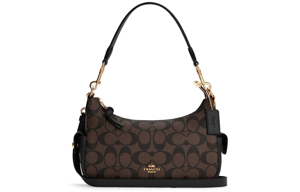 商品[国内直发] Coach|蔻驰 Pennie 25 经典老花 帆布配皮 腋下包单肩斜挎手提包 中号 女款 深棕色,价格¥2516,第1张图片