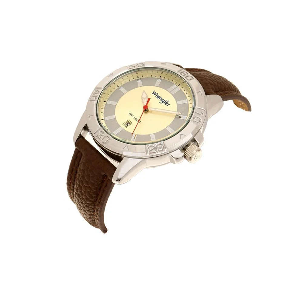 商品Wrangler|Men's Watch, 46MM Silver Colored Case with Embossed Arabic Numerals on Bezel, Ivory Sunray Dial, Silver Index Markers, Analog, Brown Strap,价格¥415,第2张图片详细描述
