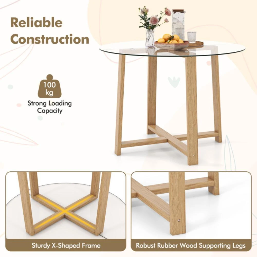 商品Hivvago|42 Inches Round Glass Dining Table with Tempered Glass Tabletop and Rubber Wood Legs-Natural,价格¥2088,�第5张图片详细描述