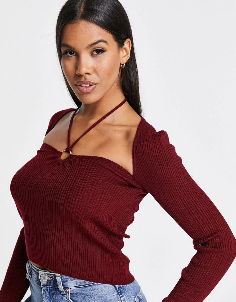 商品ASOS|ASOS DESIGN halter neck jumper with ring detail in dark red,价格¥123,第3张图片详细描述