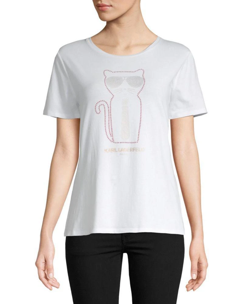 商品Karl Lagerfeld Paris|Faux Pearl Heatset Cat Short-Sleeve Tee,价格¥150,第1张图片