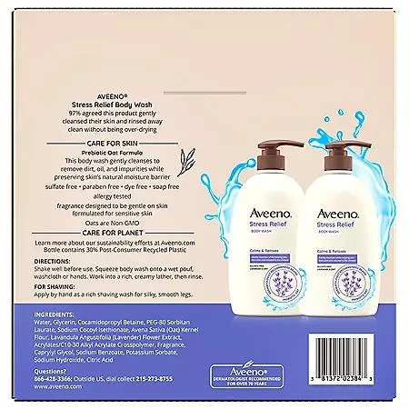 商品Aveeno|Aveeno Stress Relief Body Wash with Lavender & Chamomile, 33 fl. oz., 2 pk.,价格¥162,第3张图片详细描述