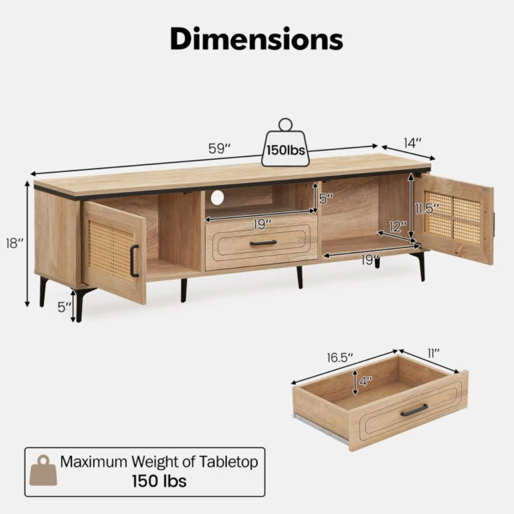 商品Hivvago|Mid Century Modern Entertainment Center with 2 Cabinets and Storage Drawer-Oak,价格¥1078,第5张图片详细描述