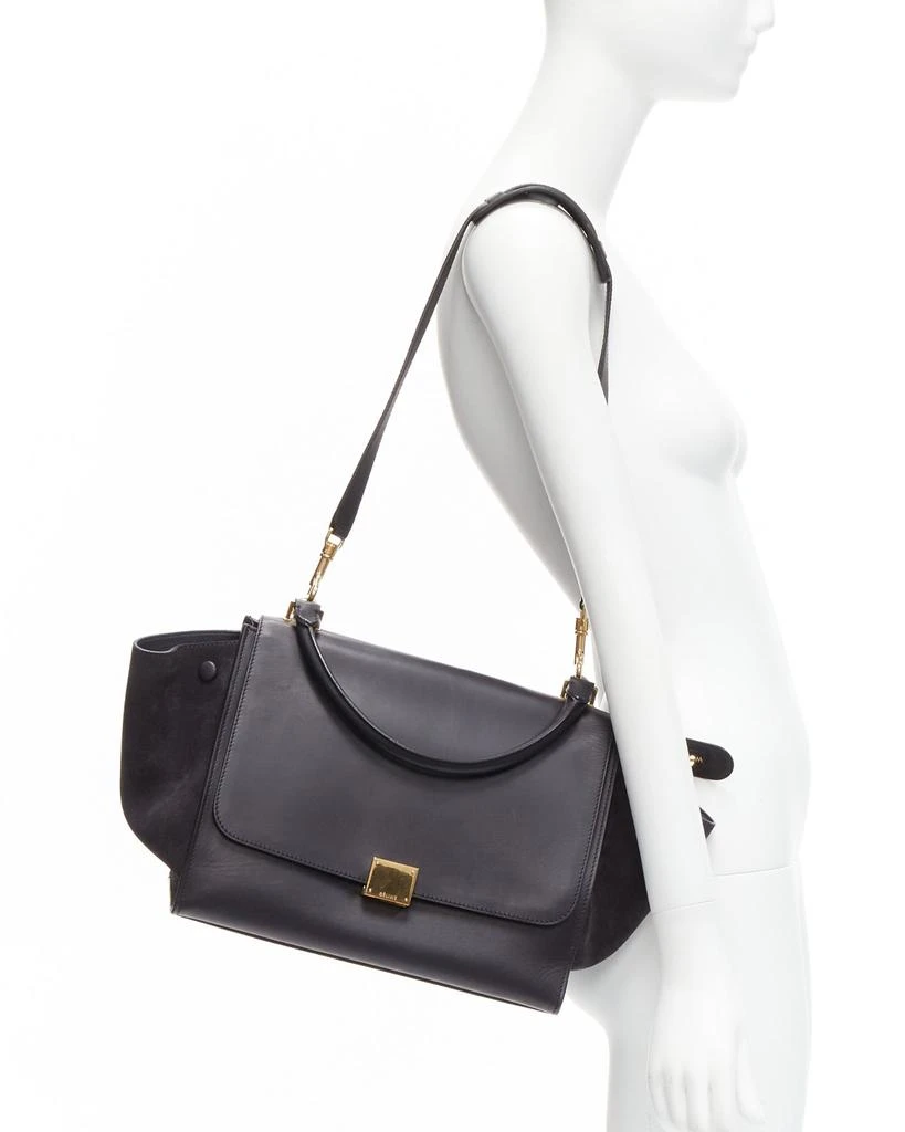 商品[二手商品] Celine|CELINE Trapeze black soft suede leather panels GHW satchel tote bag,价格¥9136,第2张图片详细描述