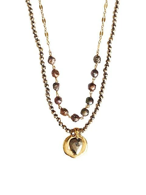 商品Chan Luu|18K Gold-Plated, Titanium Pyrite & Blister Pearl Double-Layered Necklace,价格¥1619,第2张图片详细描述
