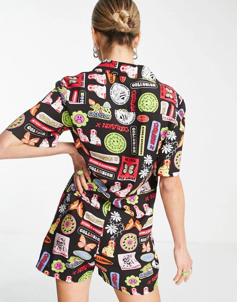 商品COLLUSION|COLLUSION sticker print revere playsuit in black,价格¥193,第3张图片详细描述