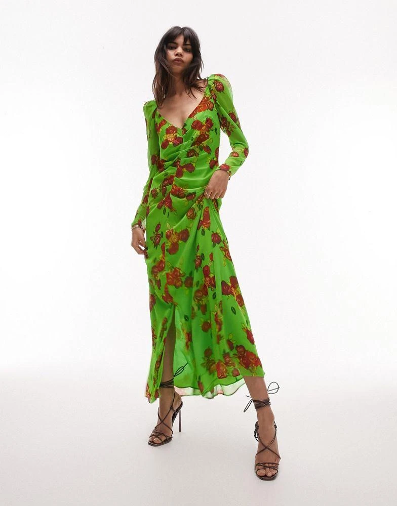 商品Topshop|Topshop gathered floral open back long sleeve maxi dress in green,价格¥249,第4张图片详细描述