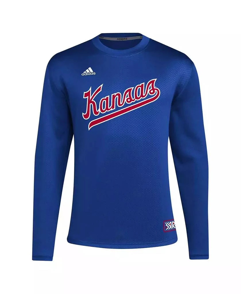 商品Adidas|Men's Royal Distressed Kansas Jayhawks Reverse Retro Baseball Script Pullover Sweatshirt,价格¥451,第3张图片详细描述