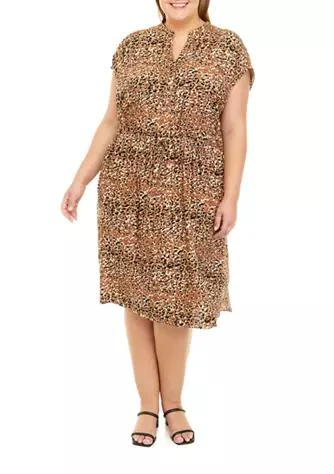 商品Sandra Darren|Darren Plus Size Cap Sleeve Drawstring Waist Animal Printed Shirt Dress,价格¥184,第1张图片