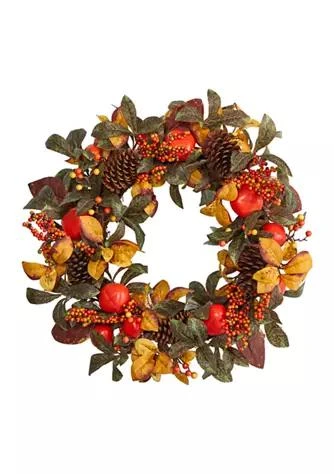 商品NEARLY NATURAL|Natural 26 Inch Autumn Persimmon And Pinecones Artificial Fall Wreath,价格¥1494,第1张图片