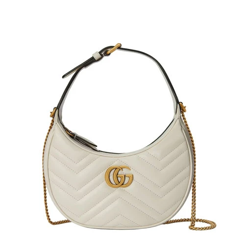 商品Gucci|古驰 22春夏新款Marmont系列 女士迷你白色绗缝皮革金色链条双G单肩腋下半月包,价格¥11088,第1张图片