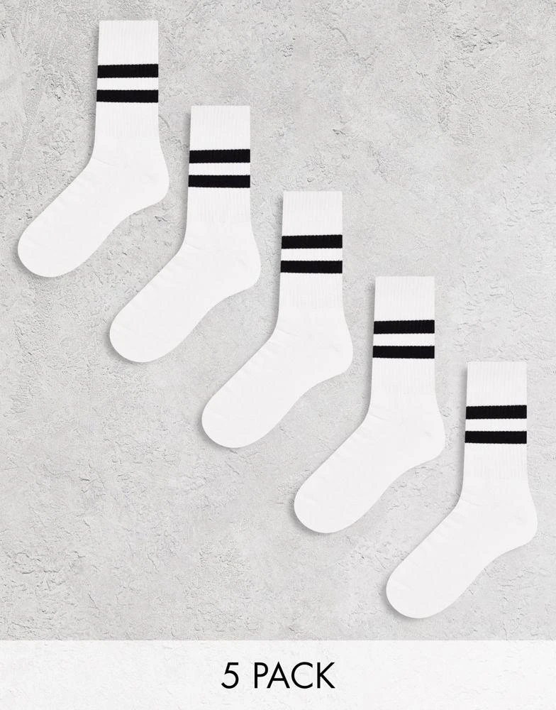 商品ASOS|ASOS DESIGN 5 pack sport socks in white with black stripe,价格¥159,第1张图片