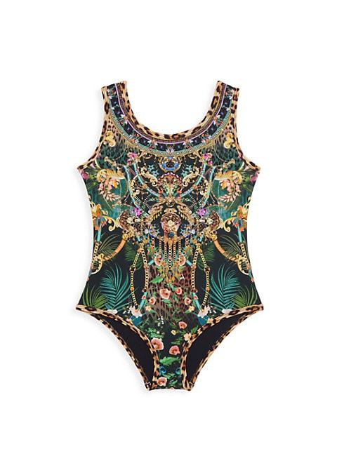 Little Girl's & Girl's Fearless Felis Graphic One-Piece Swimsuit商品第1张图片规格展示