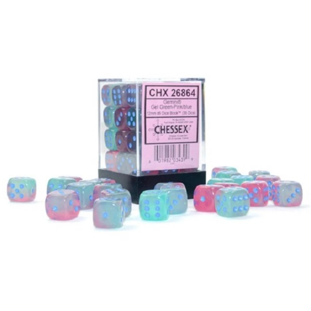 商品Chessex|Manufacturing  12 mm D6 Cube Gemini Luminary Gel Green & Pink Dice with Blue Pips Pack of 36,价格¥165,第1张图片