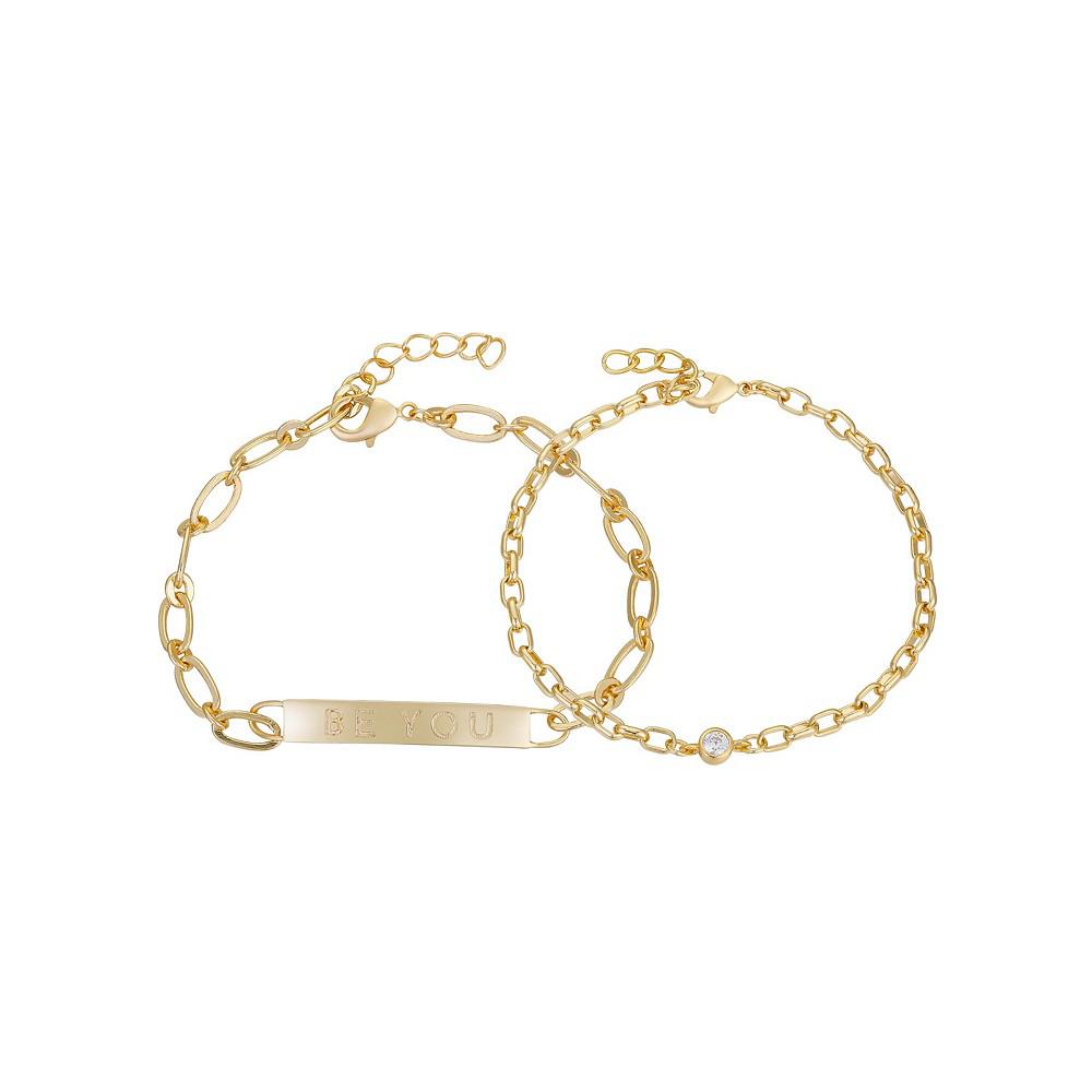14K Gold Flash-Plated 2-Pieces Cubic Zirconia Be You Paperclip Link Bracelet Duo商品第1张图片规格展示