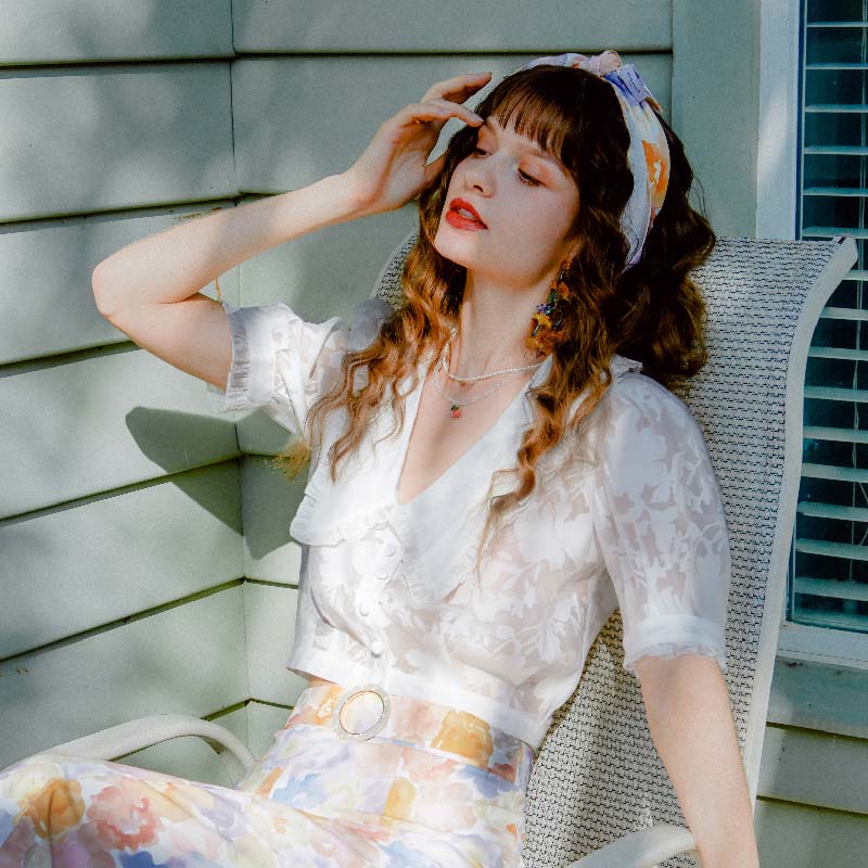 Dakota白色缎面纱复古宫廷娃娃领短款衬衫 | Dakota Blouse - Ivory商品第5张图片规格展示