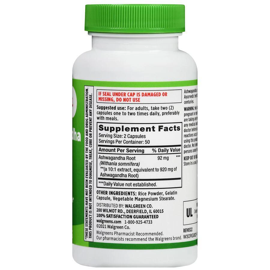 商品Walgreens|Ashwagandha Root 920 mg Capsules,价格¥74,第3张图片详细描述