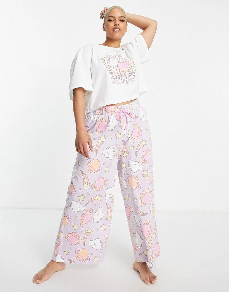 商品ASOS|ASOS DESIGN Curve need more space cropped tee & wide leg trouser pyjama set in white & purple,价格¥170,第4张图片详细描述