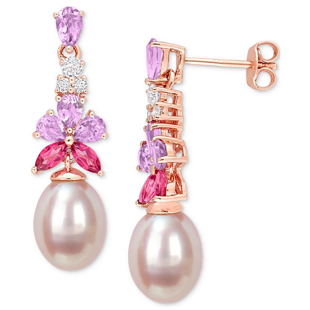 Pink Cultured Freshwater Oval Pearl & Multi-Gemstone (2-1/3 ct. t.w.) Drop Earrings in 18k Rose Gold- Plated Silver商品第1张图片规格展示