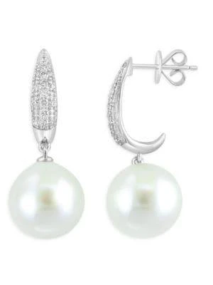 商品Effy|14K White Gold, 12MM Freshwater Pearl & Diamond Drop Earrings,价格¥11881,第1张图片