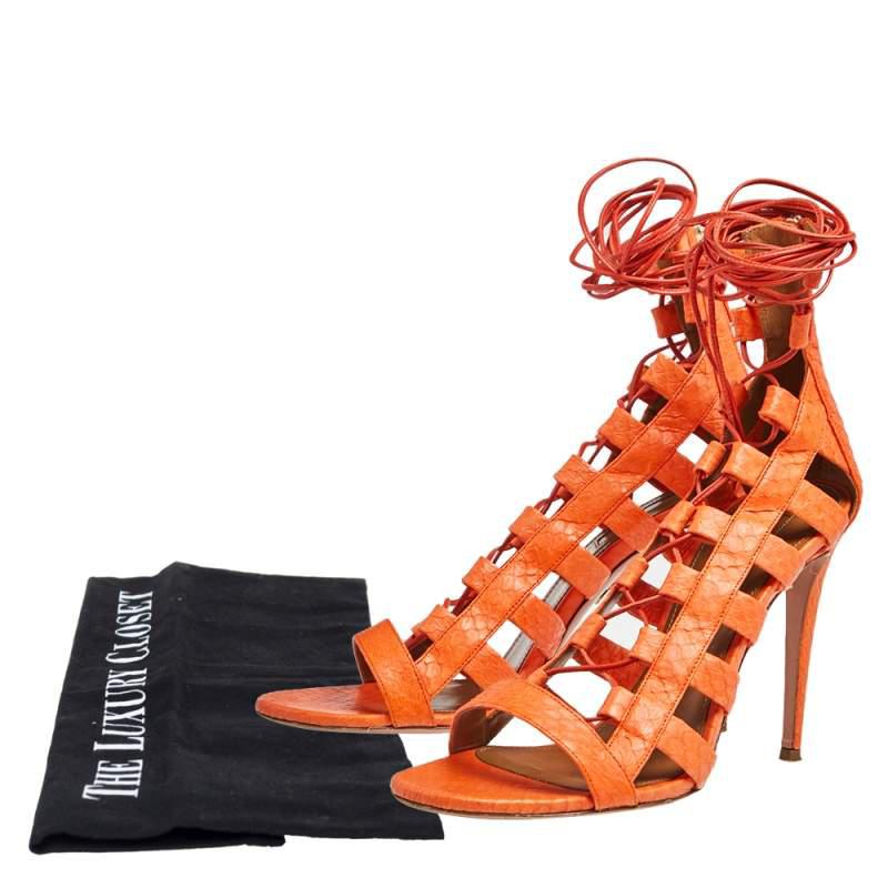 Aquazzura Orange Python Leather Amazon Lace Up Open Toe Sandals Size 40商品第9张图片规格展示